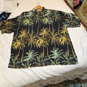 Tommy Bahama Mens XL Black Silk Palm Tree Tropical Camp Shirt Button Down